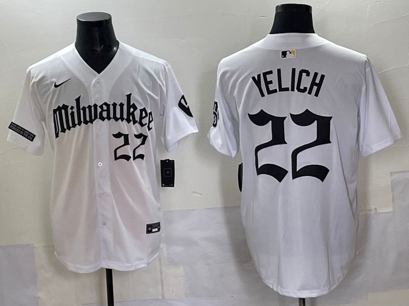 Men 2025 Milwaukee Brewers #22 Yelich White Five generations Joint Name Nike MLB Jersey style 02->milwaukee brewers->MLB Jersey